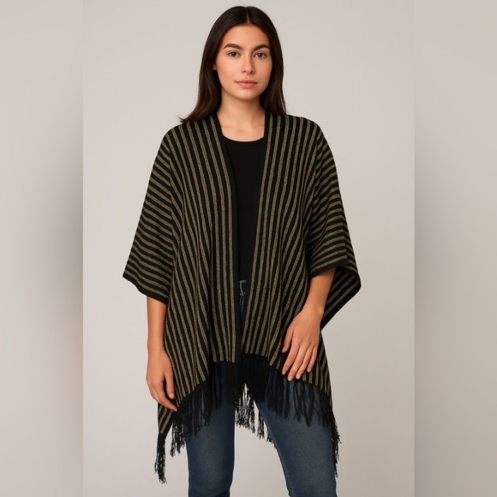 Peter Nygard Black and Gold Striped Fringe Shawl Wrap One Size